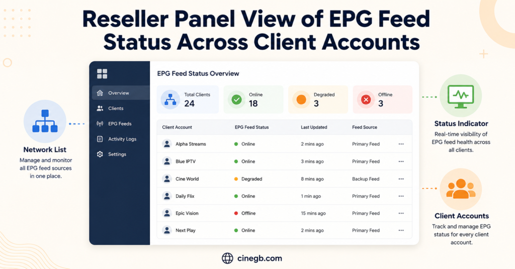 Reseller panel sight of EPG feed standing throughout client accounts