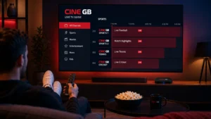 Cine GB IPTV entertainment brand showing live sports and channel guide on smart TV