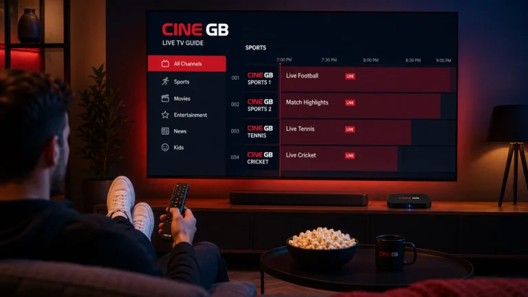 Cine GB IPTV entertainment brand showing live sports and channel guide on smart TV