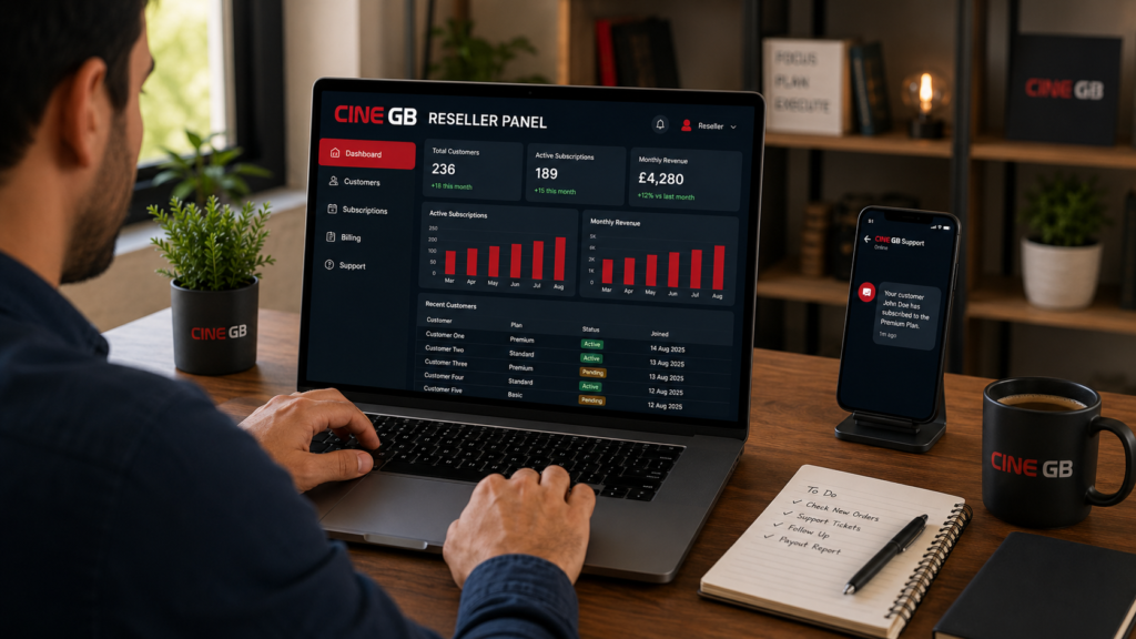 Cine GB IPTV reseller dashboard showing subscription and customer management tools