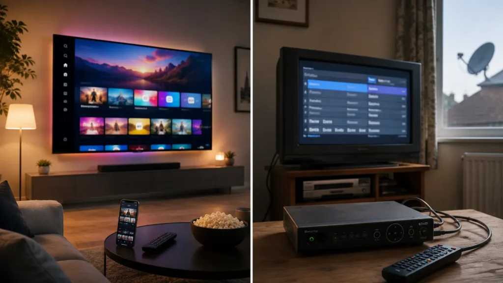 Comparison between smart IPTV streaming setup and traditional cable television in a UK living room
