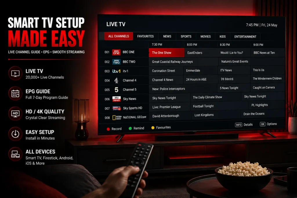 Smart TV interface showing live channel guide during setup