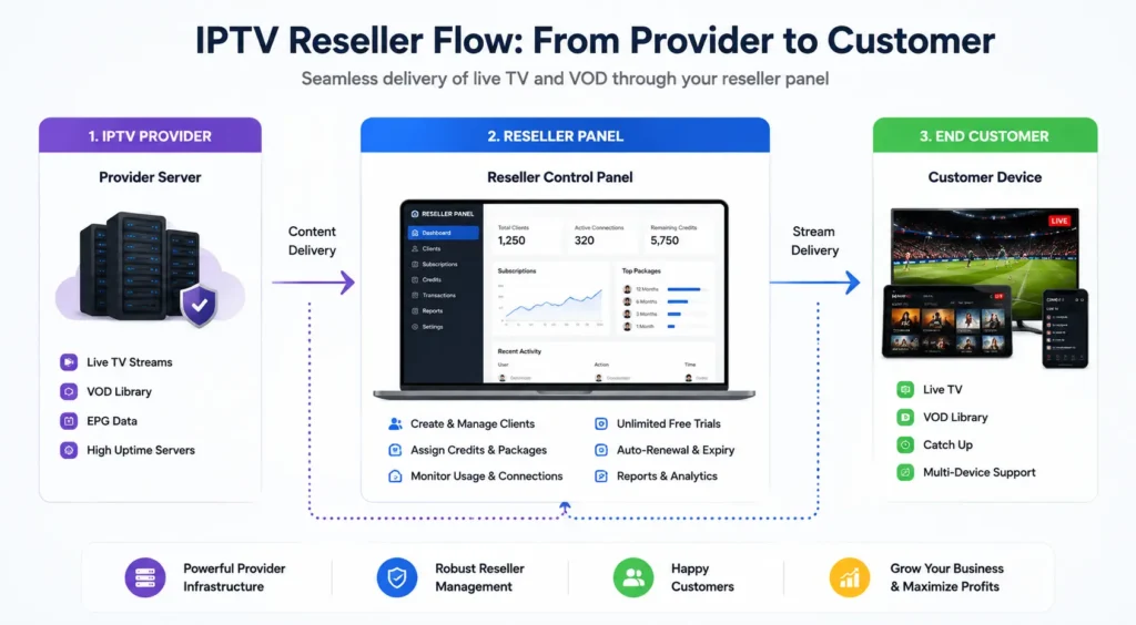 diagram of iptv provider server delivering streams through reseller panel to customer