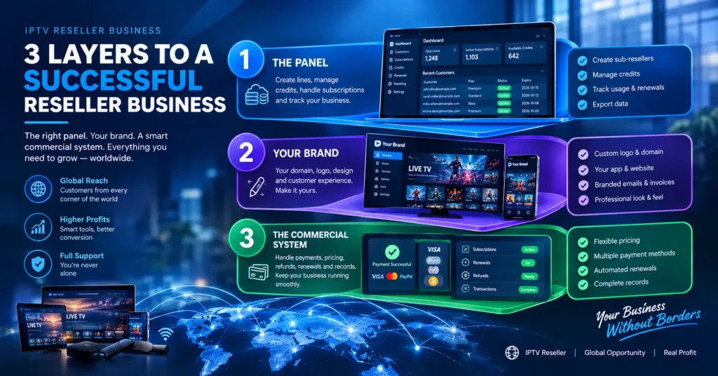 Three-layer diagram showing panel, branding and billing structure for a reseller business