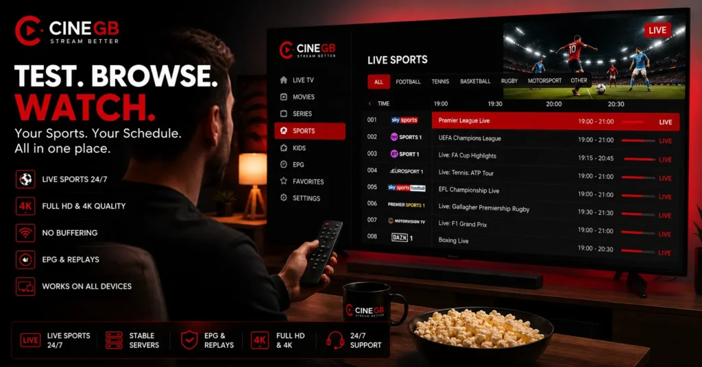 Person testing an iptv player interface with a live sports guide open
