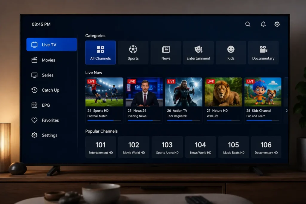 A modern smart TV screen displaying a generic IPTV streaming app interface, with a grid of channel thumbnails and a simple navigation menu, no logos or branding, flat UI design, dark theme