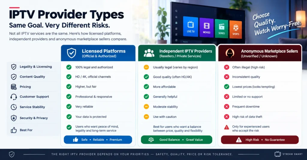 Comparison chart of licensed platforms, independent iptv providers and anonymous marketplace sellers