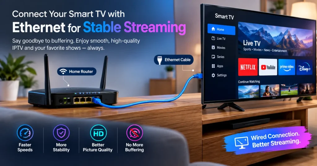 Ethernet cable connecting a home router to a smart TV for stable streaming