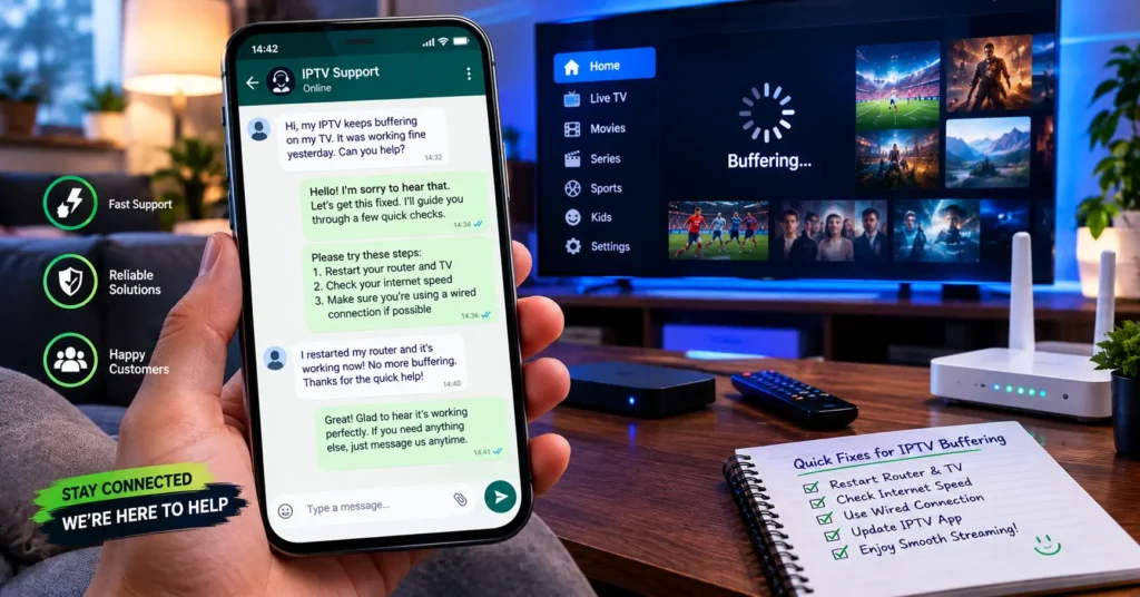 Reseller replying to a customer chat to fix IPTV buffering on a television